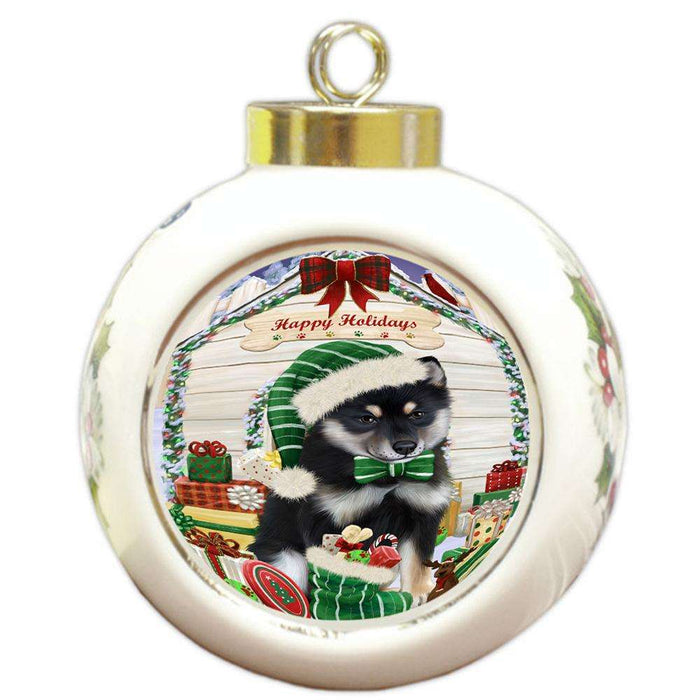 Happy Holidays Christmas Shiba Inu Dog House With Presents Round Ball Christmas Ornament RBPOR51505