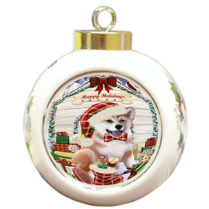 Happy Holidays Christmas Shiba Inu Dog House With Presents Round Ball Christmas Ornament RBPOR51506