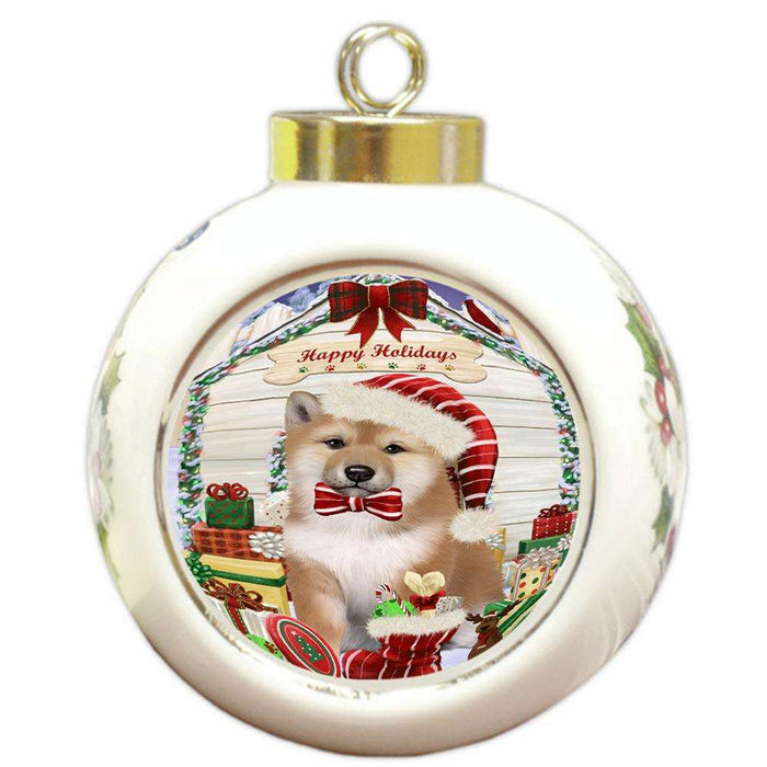 Happy Holidays Christmas Shiba Inu Dog House With Presents Round Ball Christmas Ornament RBPOR51507