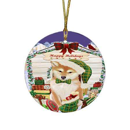 Happy Holidays Christmas Shiba Inu Dog House With Presents Round Flat Christmas Ornament RFPOR51495