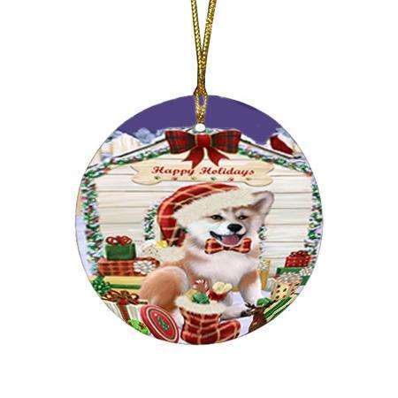 Happy Holidays Christmas Shiba Inu Dog House With Presents Round Flat Christmas Ornament RFPOR51497