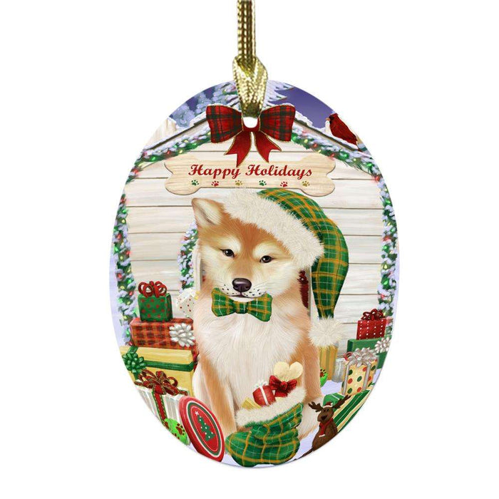 Happy Holidays Christmas Shiba Inu House With Presents Oval Glass Christmas Ornament OGOR49962