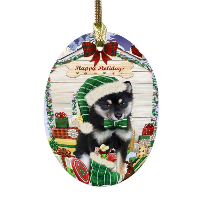 Happy Holidays Christmas Shiba Inu House With Presents Oval Glass Christmas Ornament OGOR49963