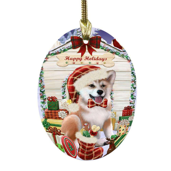 Happy Holidays Christmas Shiba Inu House With Presents Oval Glass Christmas Ornament OGOR49964