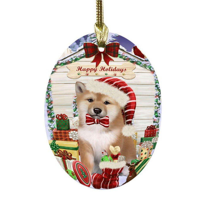 Happy Holidays Christmas Shiba Inu House With Presents Oval Glass Christmas Ornament OGOR49965