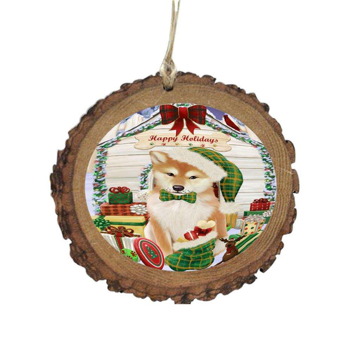 Happy Holidays Christmas Shiba Inu House With Presents Wooden Christmas Ornament WOR49962