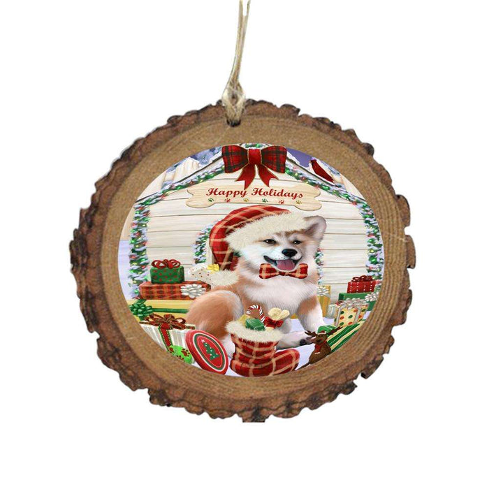 Happy Holidays Christmas Shiba Inu House With Presents Wooden Christmas Ornament WOR49964