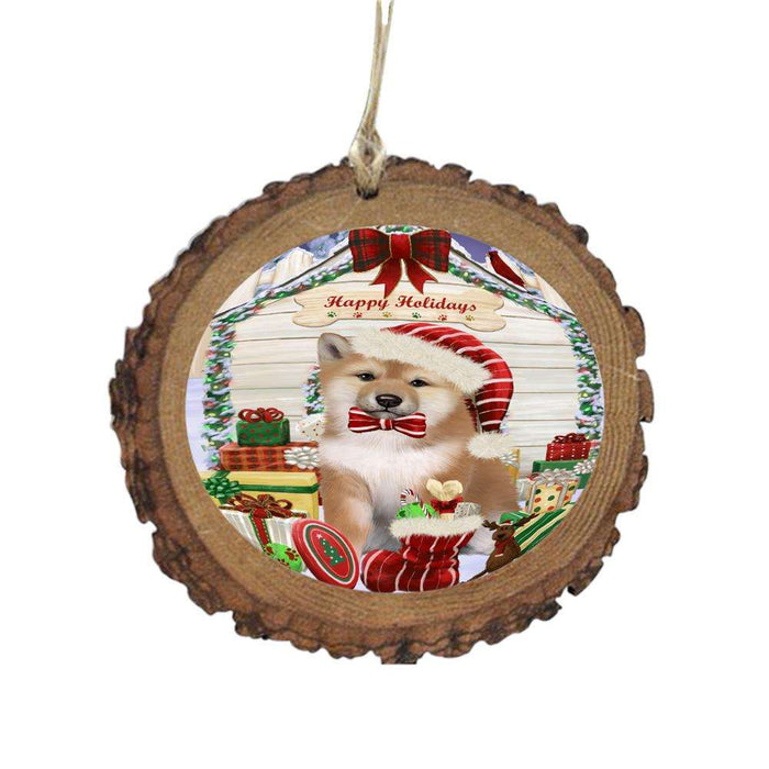 Happy Holidays Christmas Shiba Inu House With Presents Wooden Christmas Ornament WOR49965