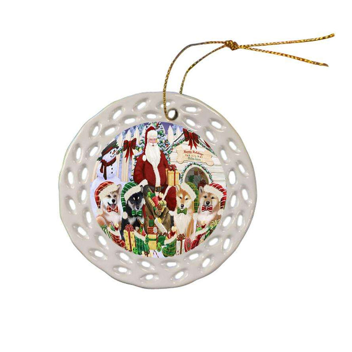 Happy Holidays Christmas Shiba Inus Dog House Gathering Ceramic Doily Ornament DPOR51466