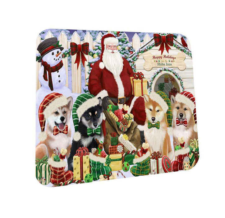 Happy Holidays Christmas Shiba Inus Dog House Gathering Coasters Set of 4 CST51425