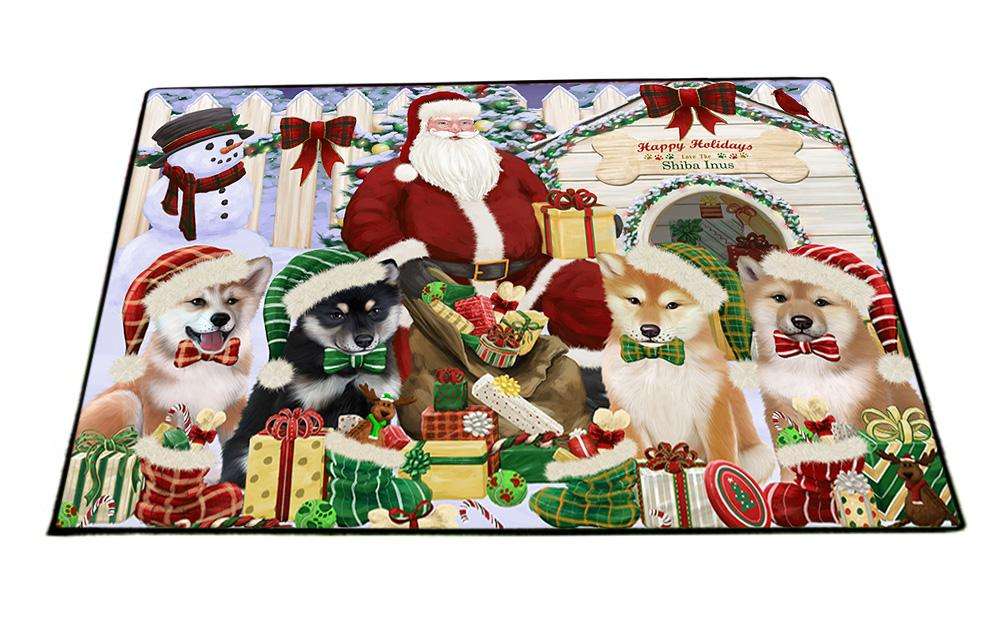 Happy Holidays Christmas Shiba Inus Dog House Gathering Floormat FLMS51153
