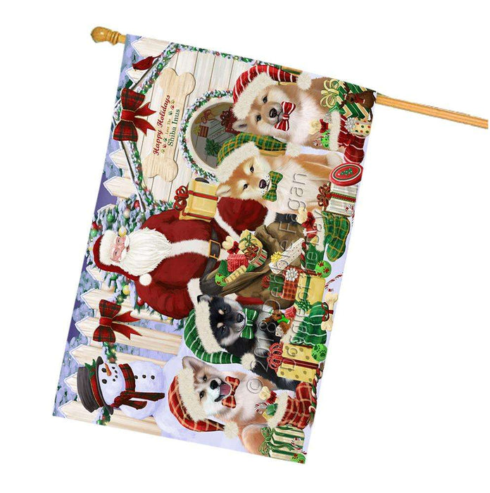 Happy Holidays Christmas Shiba Inus Dog House Gathering House Flag FLG51599