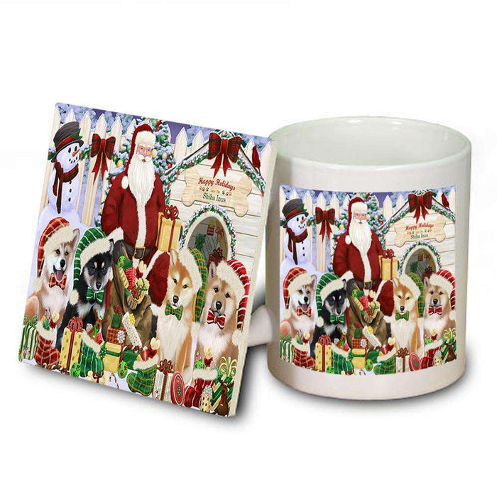 Happy Holidays Christmas Shiba Inus Dog House Gathering Mug and Coaster Set MUC51458
