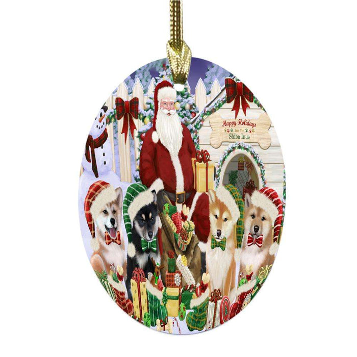 Happy Holidays Christmas Shiba Inus Dog House Gathering Oval Glass Christmas Ornament OGOR49727