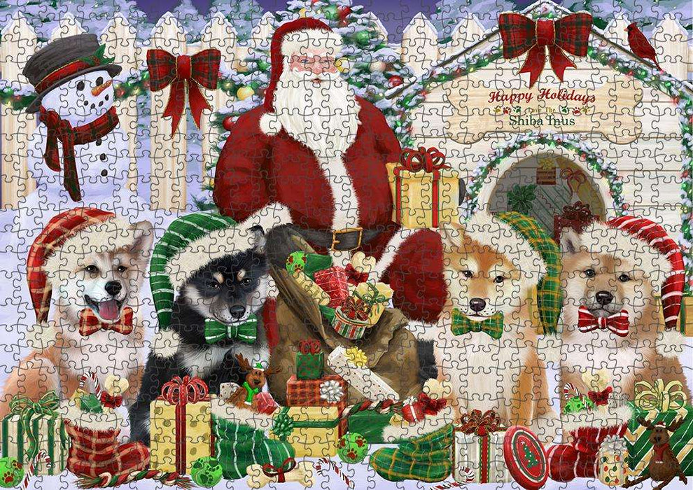 Happy Holidays Christmas Shiba Inus Dog House Gathering Puzzle with Photo Tin PUZL58485