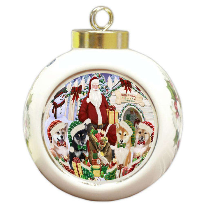 Happy Holidays Christmas Shiba Inus Dog House Gathering Round Ball Christmas Ornament RBPOR51466