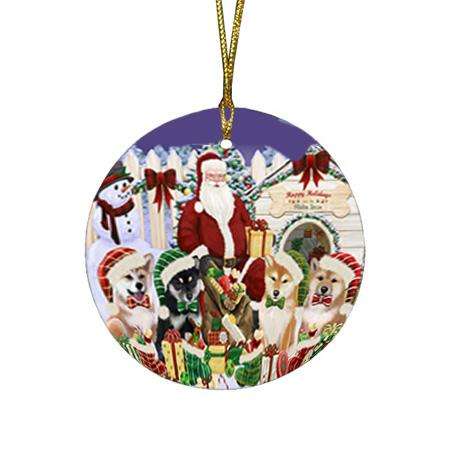 Happy Holidays Christmas Shiba Inus Dog House Gathering Round Flat Christmas Ornament RFPOR51457