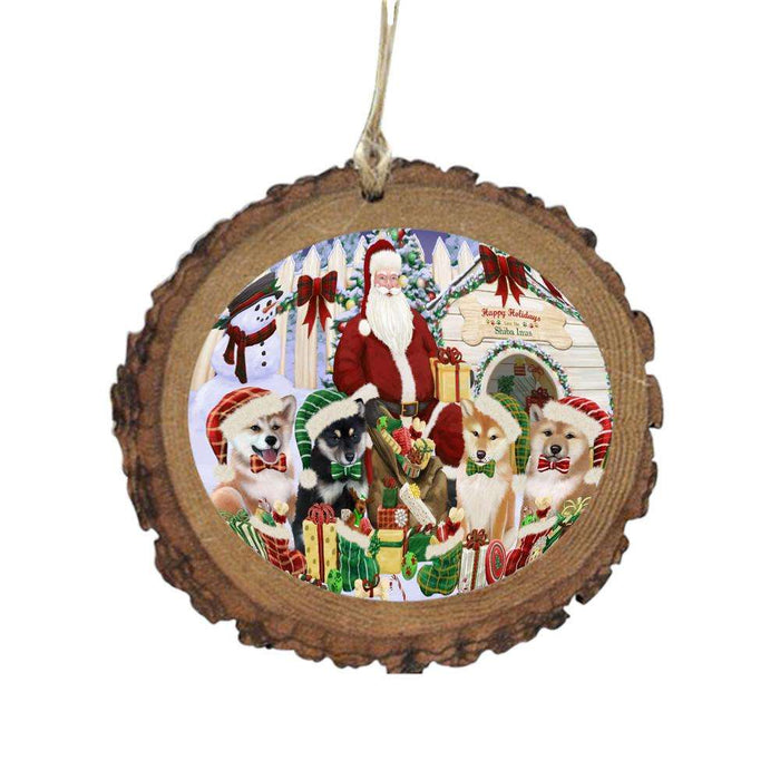 Happy Holidays Christmas Shiba Inus Dog House Gathering Wooden Christmas Ornament WOR49727