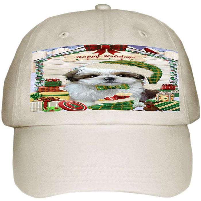 Happy Holidays Christmas Shih Tzu Dog House with Presents Ball Hat Cap HAT58257