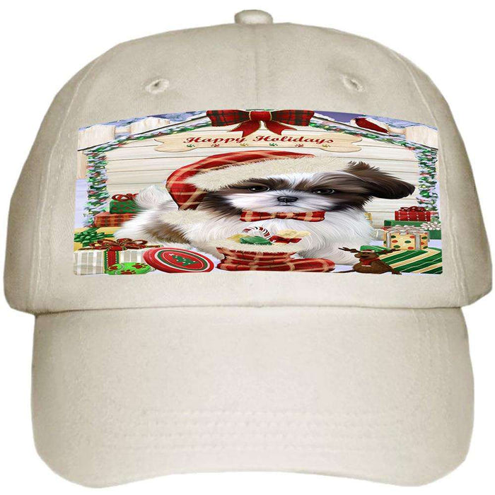Happy Holidays Christmas Shih Tzu Dog House with Presents Ball Hat Cap HAT58263