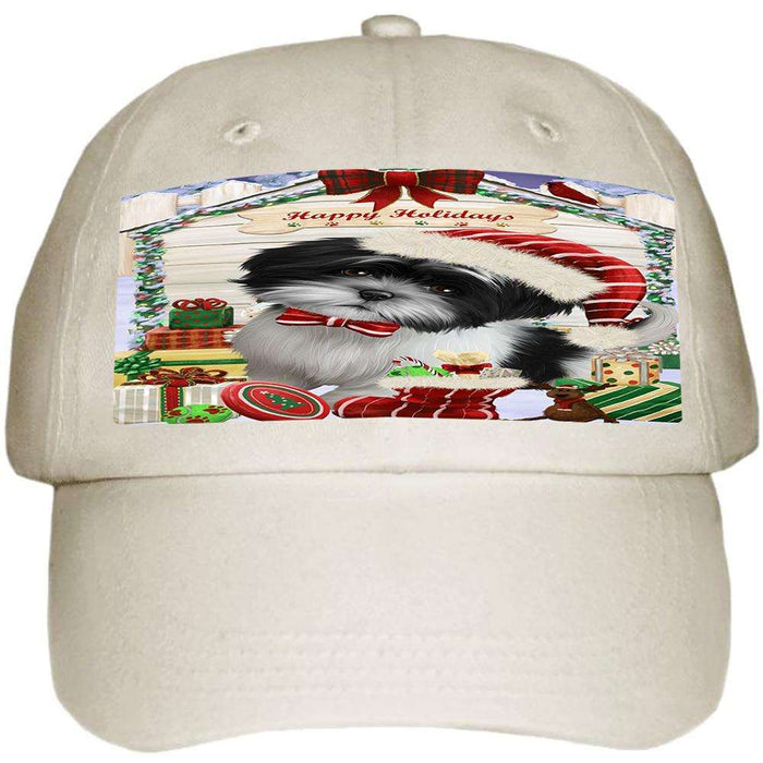 Happy Holidays Christmas Shih Tzu Dog House with Presents Ball Hat Cap HAT58266