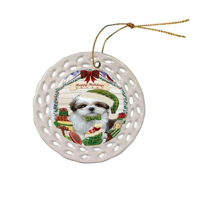 Happy Holidays Christmas Shih Tzu Dog House With Presents Ceramic Doily Ornament DPOR51508