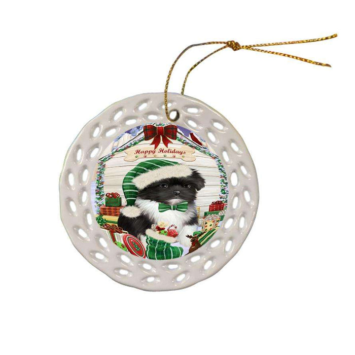 Happy Holidays Christmas Shih Tzu Dog House With Presents Ceramic Doily Ornament DPOR51509