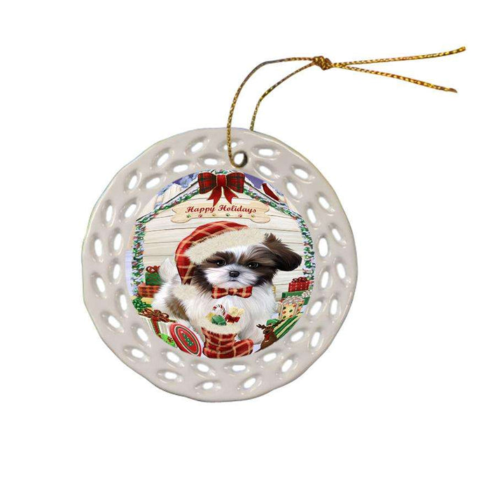 Happy Holidays Christmas Shih Tzu Dog House With Presents Ceramic Doily Ornament DPOR51510
