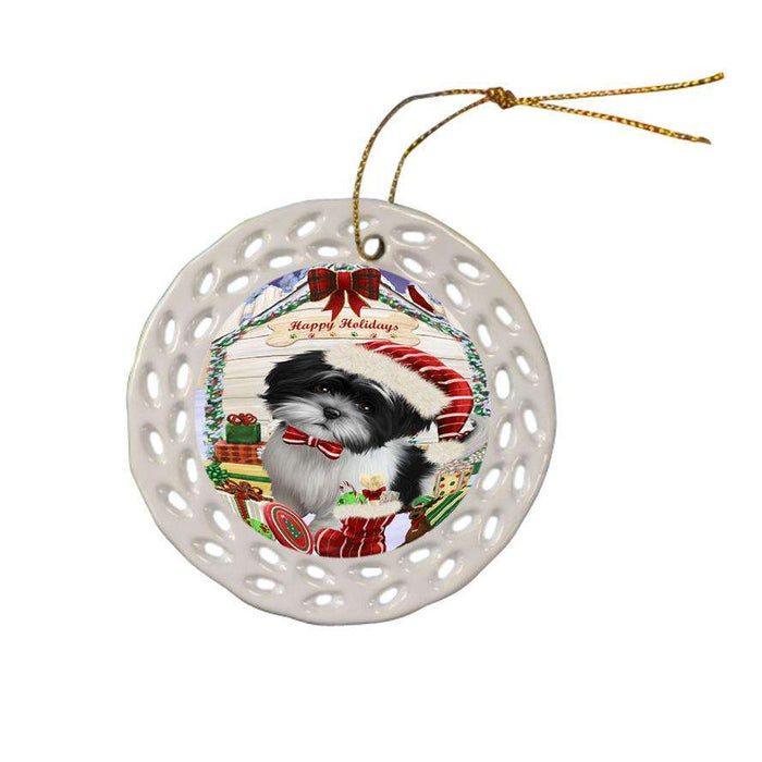 Happy Holidays Christmas Shih Tzu Dog House With Presents Ceramic Doily Ornament DPOR51511