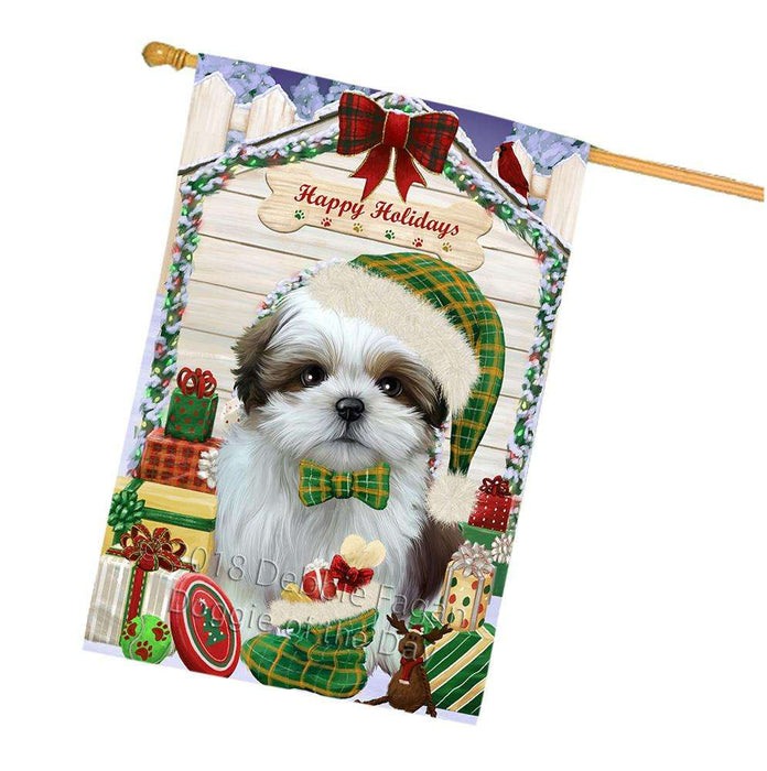 Happy Holidays Christmas Shih Tzu Dog House With Presents House Flag FLG51641