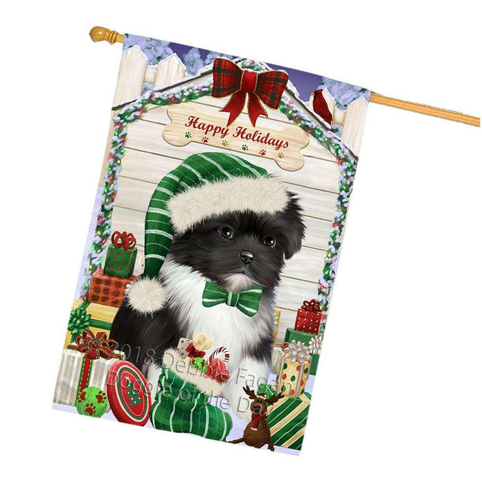Happy Holidays Christmas Shih Tzu Dog House With Presents House Flag FLG51642