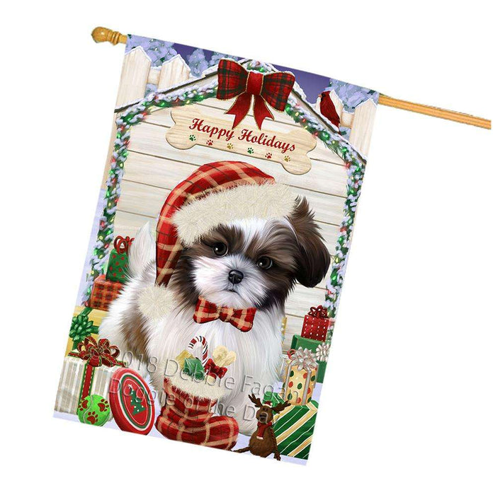 Happy Holidays Christmas Shih Tzu Dog House With Presents House Flag FLG51643