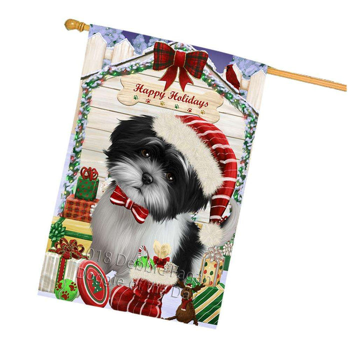 Happy Holidays Christmas Shih Tzu Dog House With Presents House Flag FLG51644