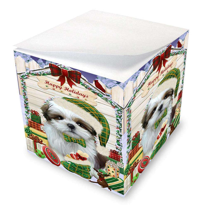 Happy Holidays Christmas Shih Tzu Dog House With Presents Note Cube NOC51508