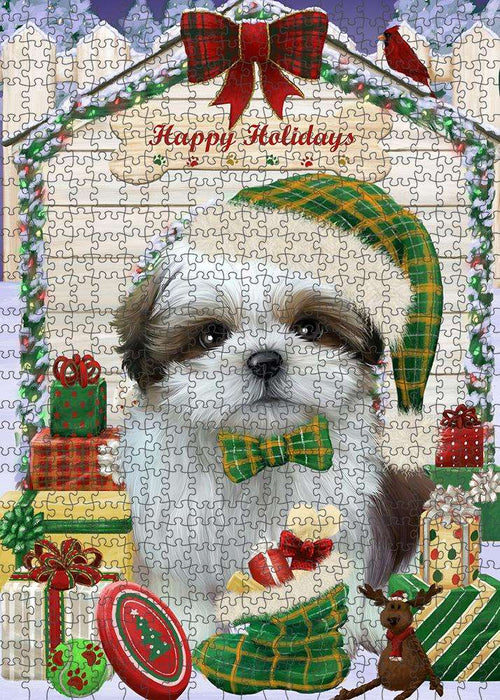 Happy Holidays Christmas Shih Tzu Dog House with Presents Puzzle with Photo Tin PUZL58611
