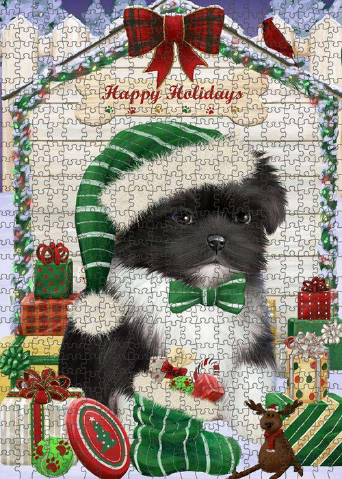 Happy Holidays Christmas Shih Tzu Dog House with Presents Puzzle with Photo Tin PUZL58614