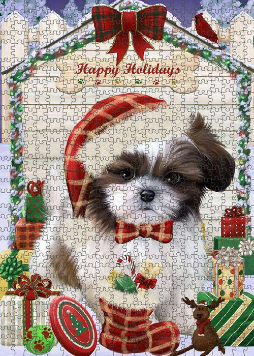 Happy Holidays Christmas Shih Tzu Dog House with Presents Puzzle with Photo Tin PUZL58617