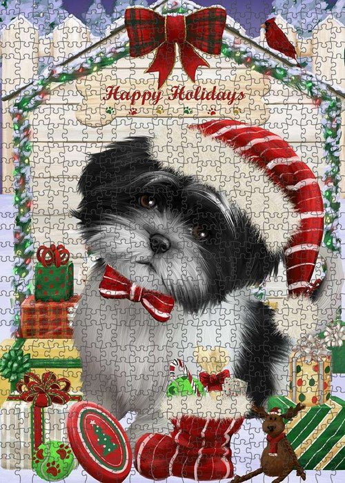 Happy Holidays Christmas Shih Tzu Dog House with Presents Puzzle with Photo Tin PUZL58620