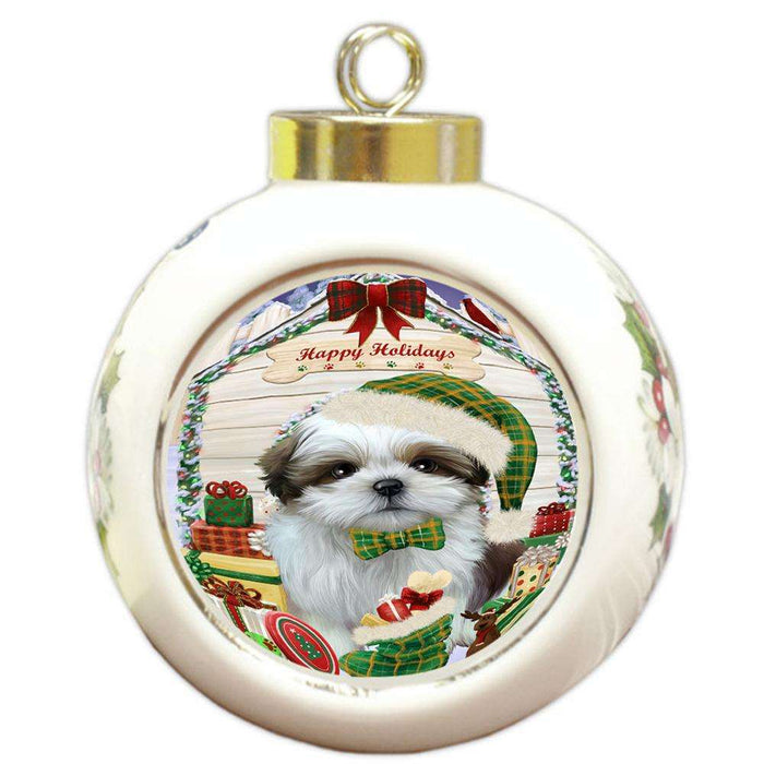 Happy Holidays Christmas Shih Tzu Dog House With Presents Round Ball Christmas Ornament RBPOR51508