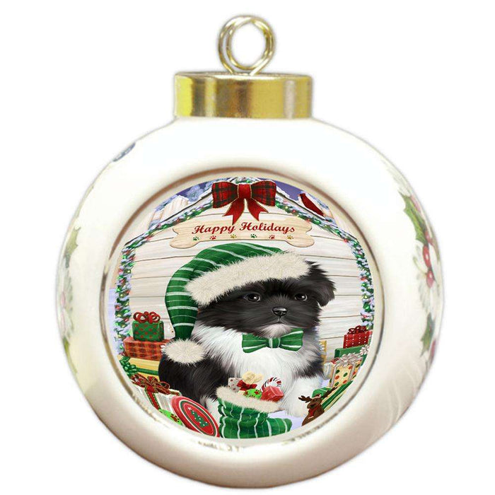 Happy Holidays Christmas Shih Tzu Dog House With Presents Round Ball Christmas Ornament RBPOR51509