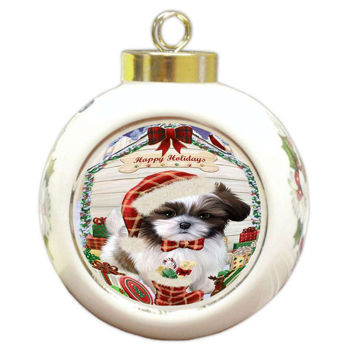 Happy Holidays Christmas Shih Tzu Dog House With Presents Round Ball Christmas Ornament RBPOR51510