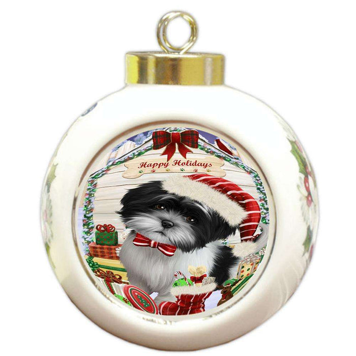 Happy Holidays Christmas Shih Tzu Dog House With Presents Round Ball Christmas Ornament RBPOR51511