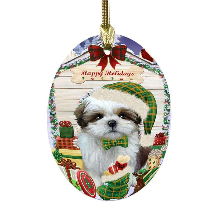 Happy Holidays Christmas Shih Tzu House With Presents Oval Glass Christmas Ornament OGOR49966