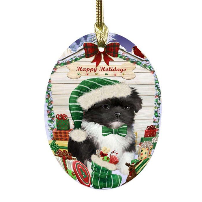 Happy Holidays Christmas Shih Tzu House With Presents Oval Glass Christmas Ornament OGOR49967