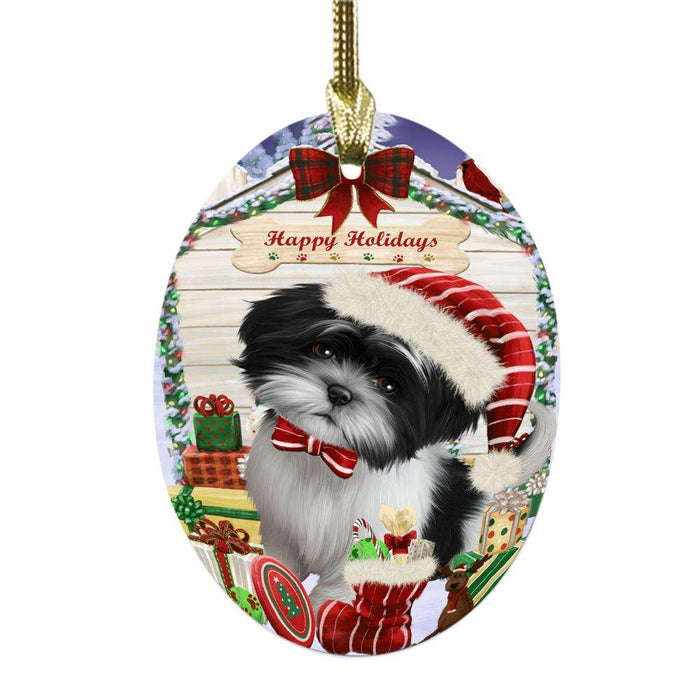 Happy Holidays Christmas Shih Tzu House With Presents Oval Glass Christmas Ornament OGOR49969