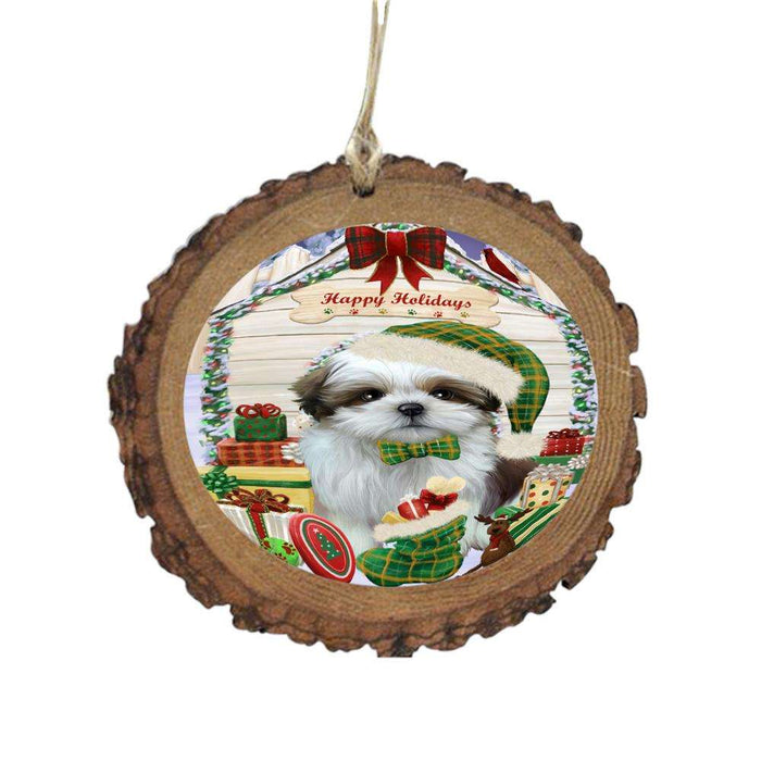 Happy Holidays Christmas Shih Tzu House With Presents Wooden Christmas Ornament WOR49966