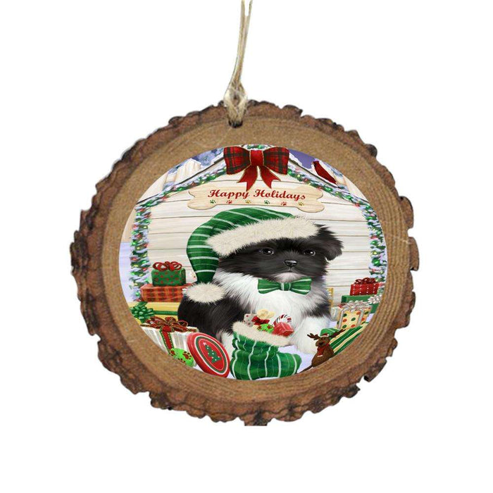Happy Holidays Christmas Shih Tzu House With Presents Wooden Christmas Ornament WOR49967