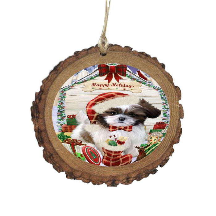 Happy Holidays Christmas Shih Tzu House With Presents Wooden Christmas Ornament WOR49968
