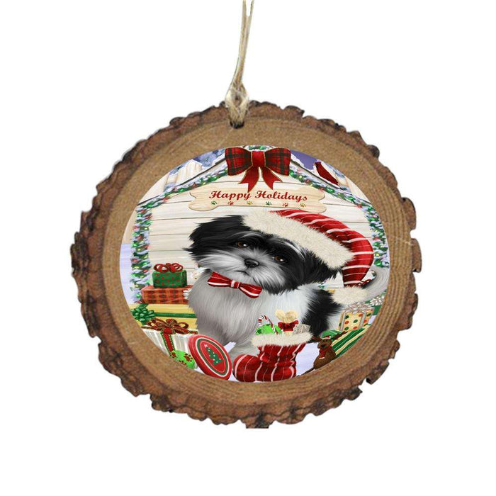 Happy Holidays Christmas Shih Tzu House With Presents Wooden Christmas Ornament WOR49969