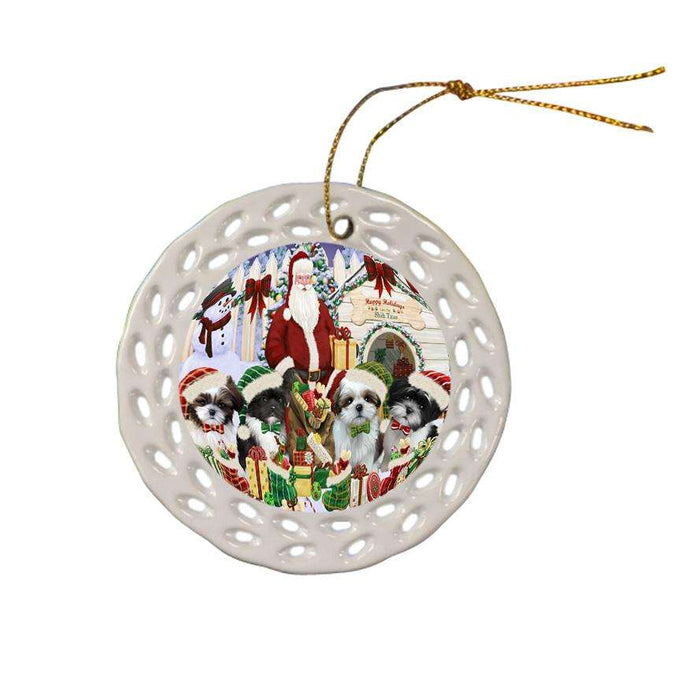 Happy Holidays Christmas Shih Tzus Dog House Gathering Ceramic Doily Ornament DPOR51467